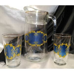 Mid Century Fidenza Italy Glass Juice Pitcher and Two Glasses